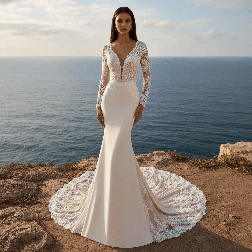 Vue de face d'une robe de mariée sirène manches longues