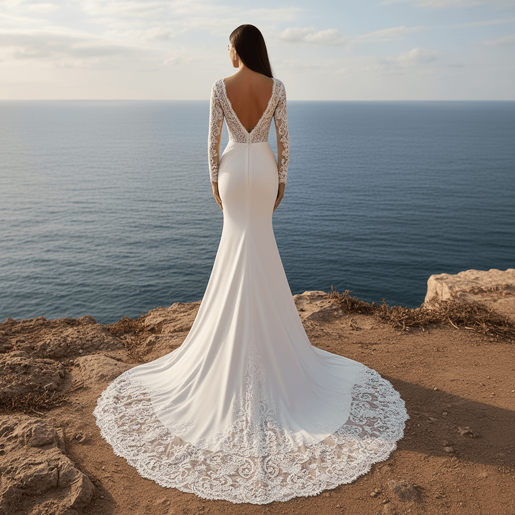 Vue de dos d'une robe de mariée sirène à manches longues avec traîne en dentelle