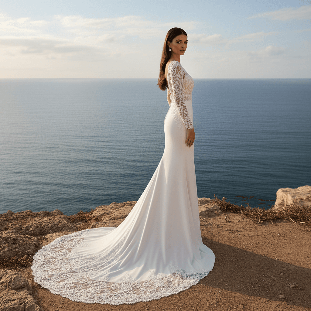 Vue de profil d'une robe de mariée sirène élégante manches longues