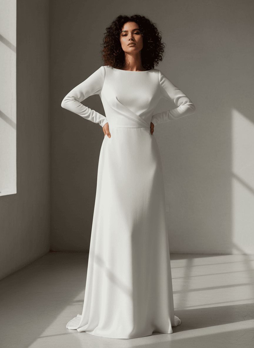 Vue de face d'une robe de mariée sobre minimaliste à col bateau