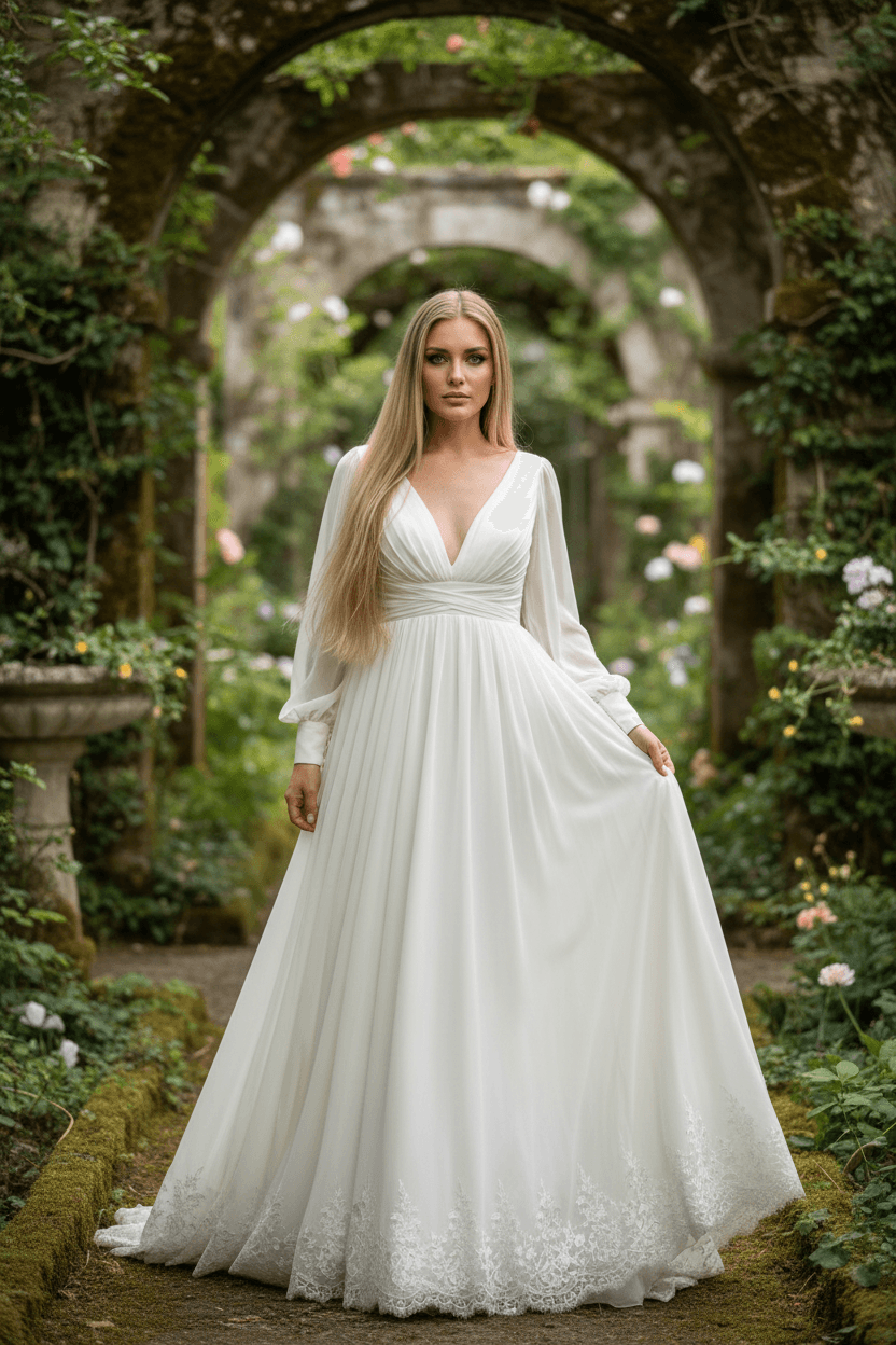 Vue de face d'une robe de mariée style empire bohème avec manches longues