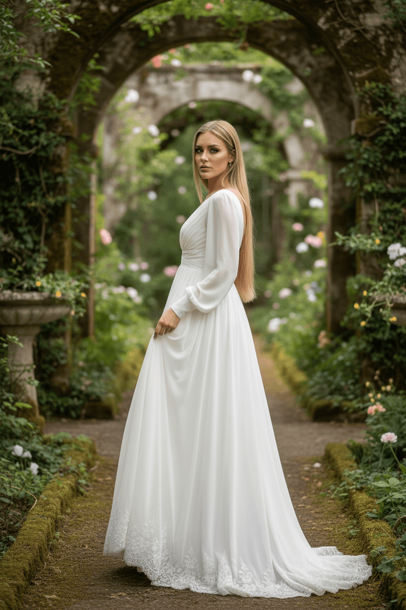 Vue de profil d'une robe de mariée bohème empire fluide et élégante