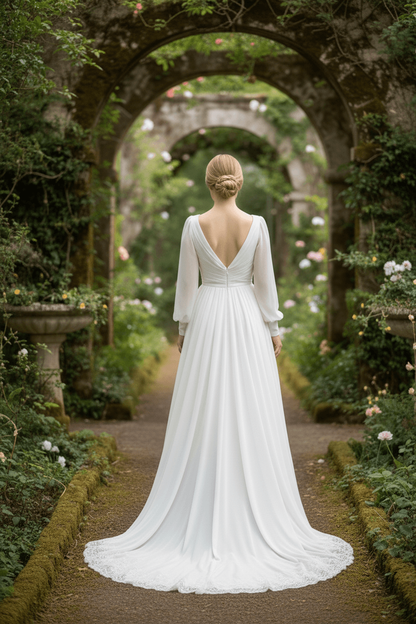 Vue de dos d'une robe de mariée style empire bohème avec décolleté en V