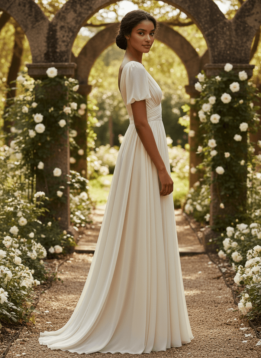 Vue de profil d'une robe de mariée style empire grec fluide avec manches courtes