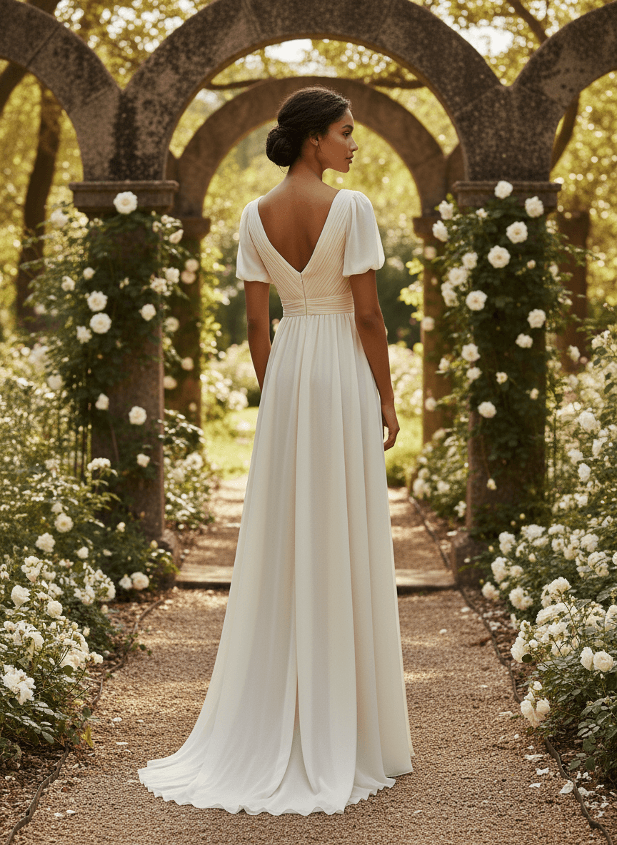 Vue de dos d'une robe de mariée style empire grec avec traîne légère