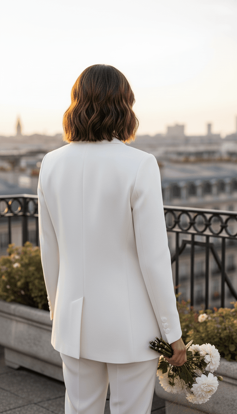 Vue de dos d'un tailleur de mariée moderne avec veste élégante et pantalon chic