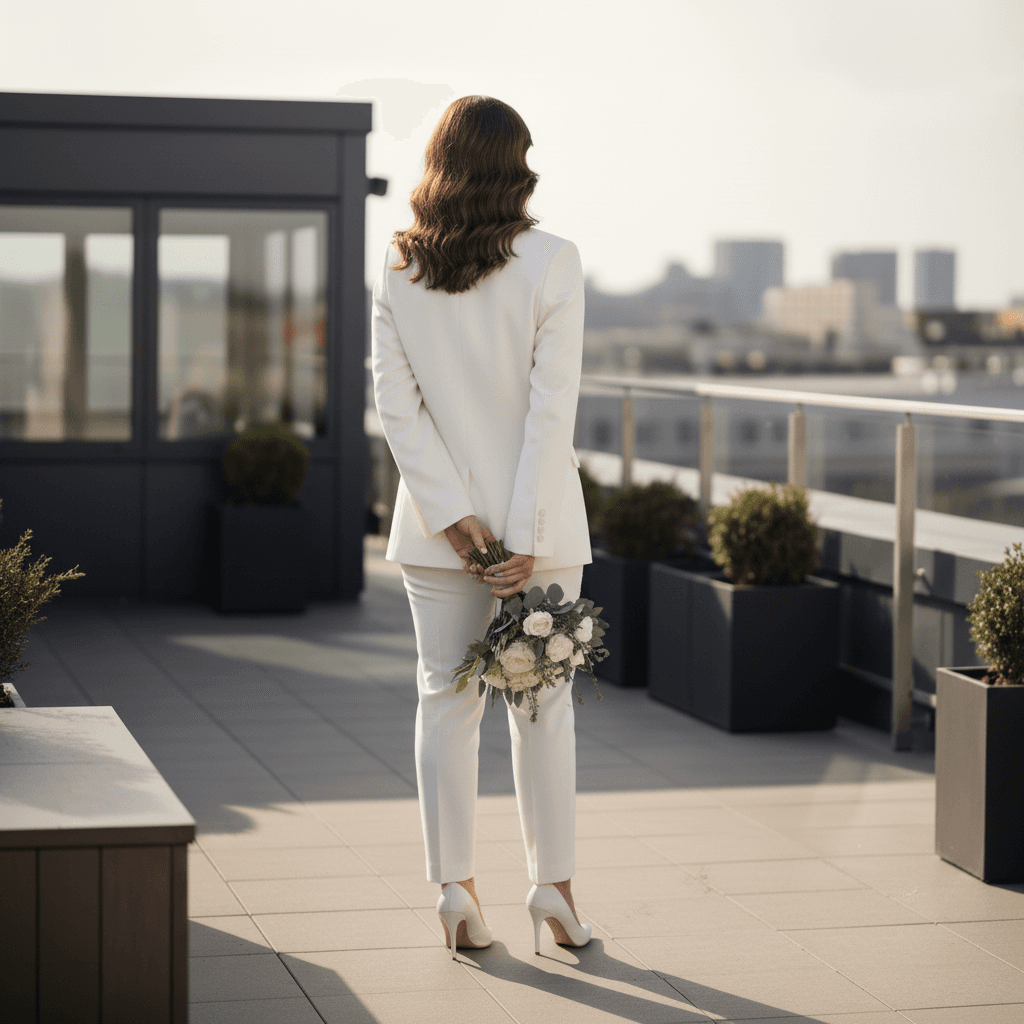 Vue de dos d'un tailleur de mariée grande taille avec veste cintrée ajustée
