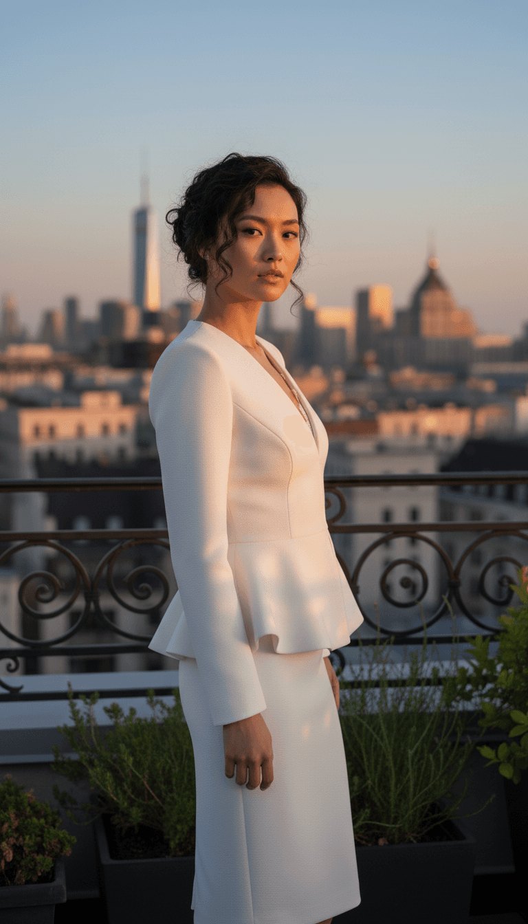 Vue de profil d'un tailleur jupe de mariée chic avec veste cintrée et jupe droite