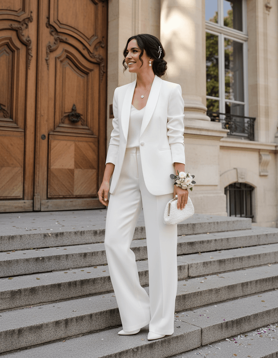 Vue de face d'un tailleur pantalon de mariée élégant avec blazer ajusté