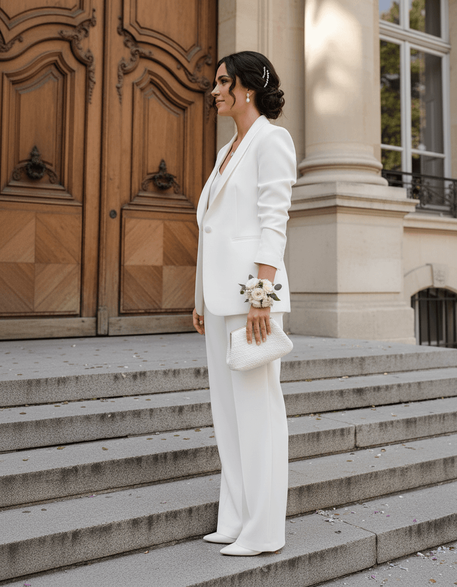 Vue de profil d'un tailleur pantalon de mariée chic avec veste structurée