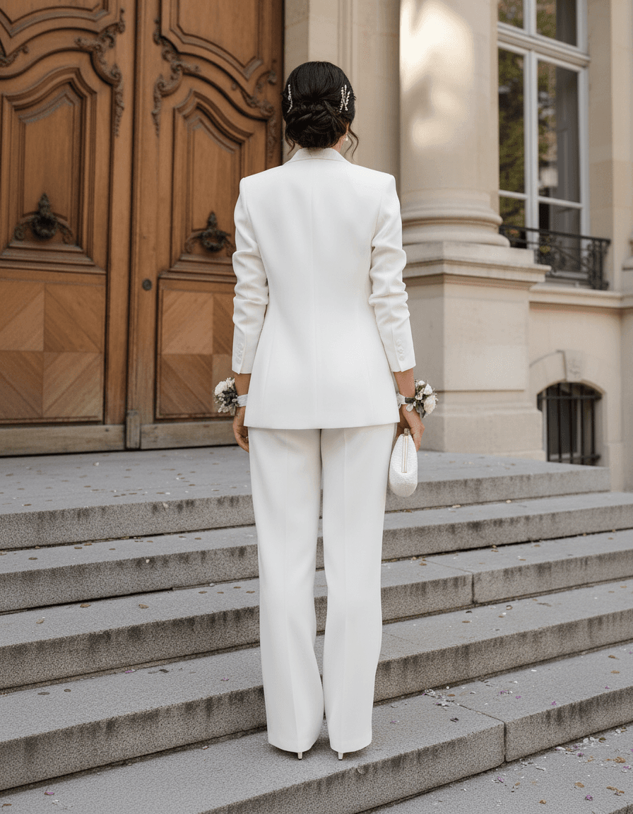 Vue de dos d'un tailleur pantalon de mariée moderne avec veste longue ajustée