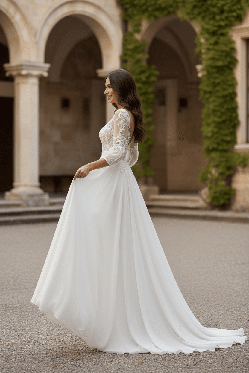 Vue de profil d'une robe de mariée transformable en court avec longue jupe fluide