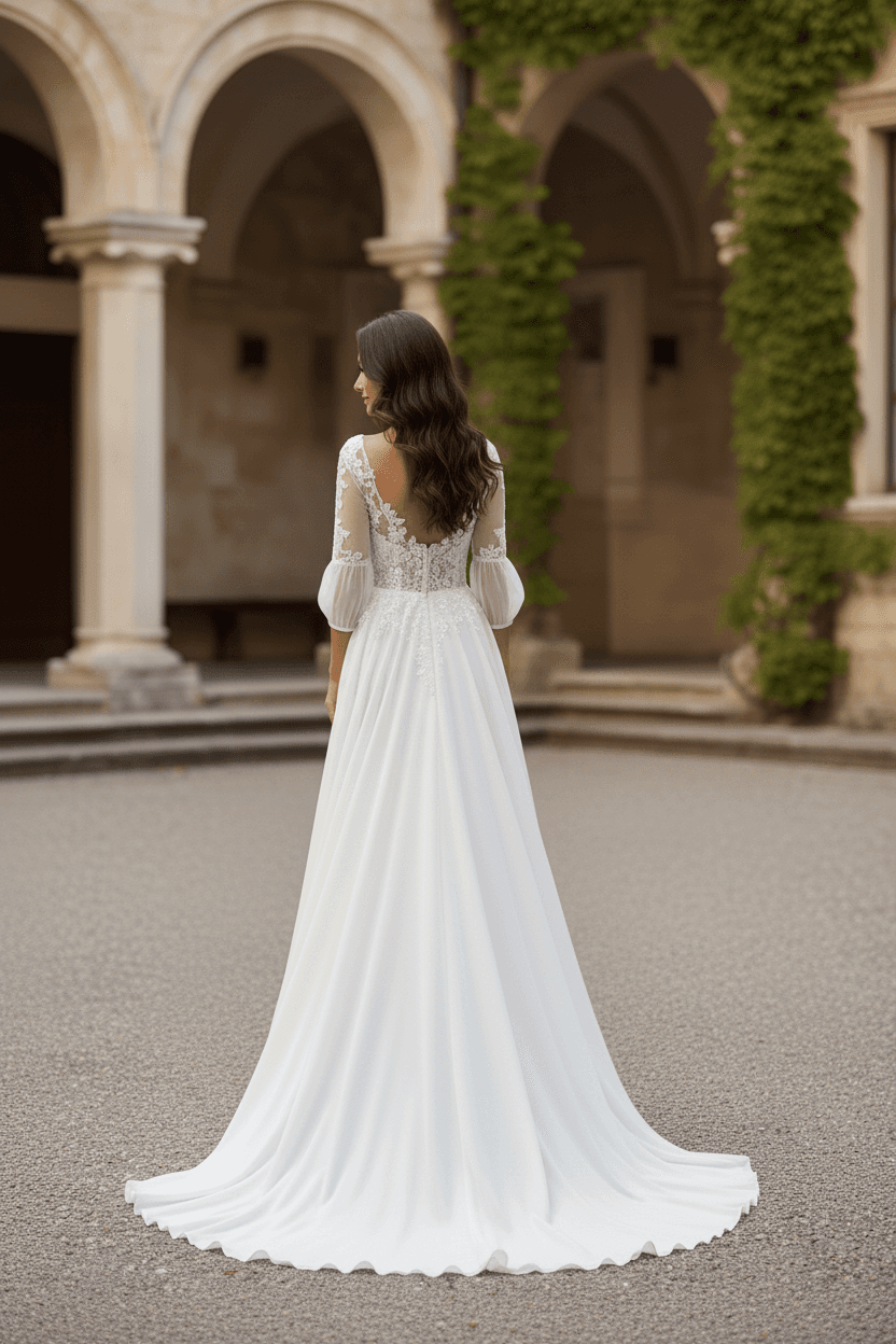 Vue de dos d'une robe de mariée transformable en court avec dentelle et traîne amovible