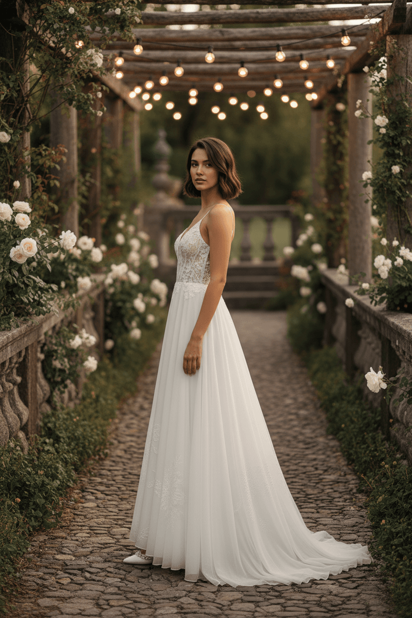 Vue de profil robe de mariée trapèze bohème fluide et romantique
