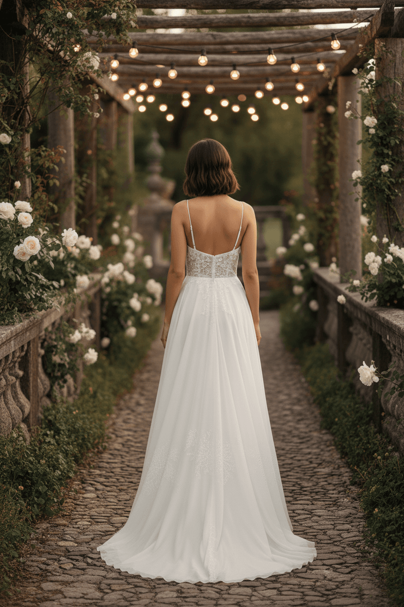 Vue de dos robe de mariée trapèze bohème élégante avec traîne légère