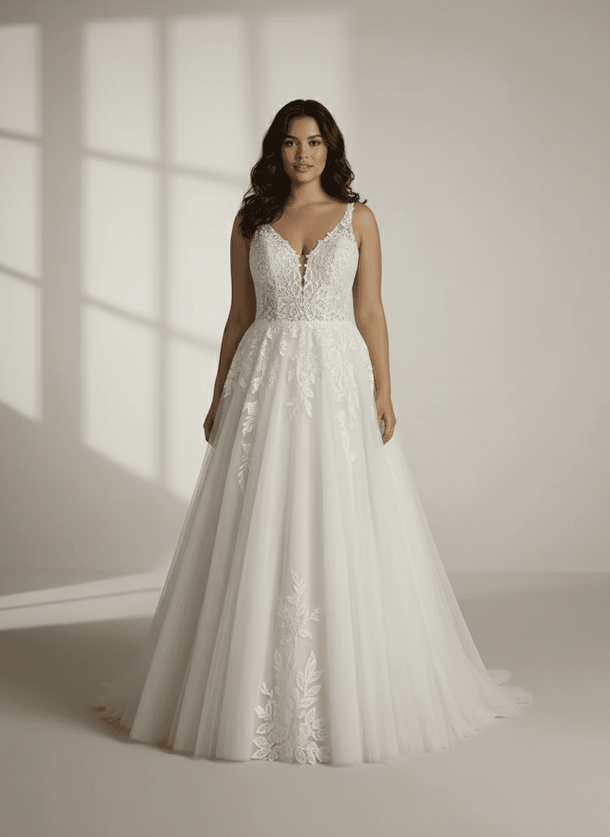 Vue de face d'une robe de mariée trapèze dentelle avec décolleté en V