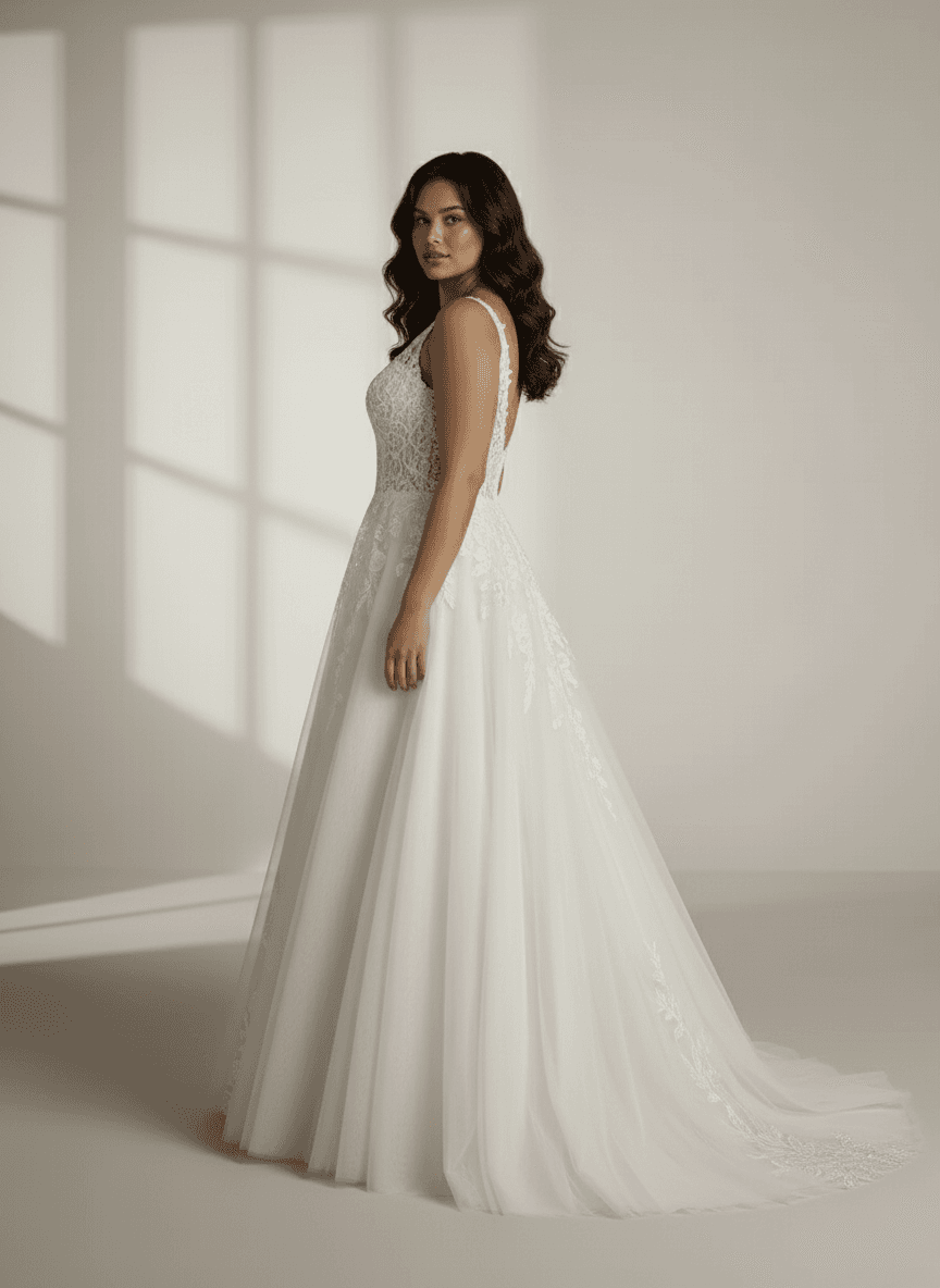 Vue de profil d'une robe trapèze dentelle fluide et élégante