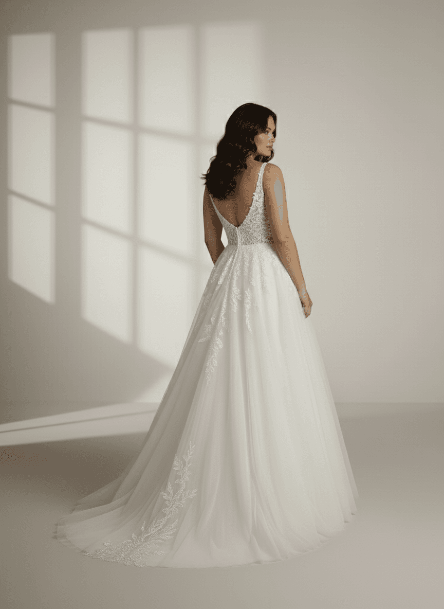 Vue de dos d'une robe de mariée trapèze dentelle avec traîne raffinée