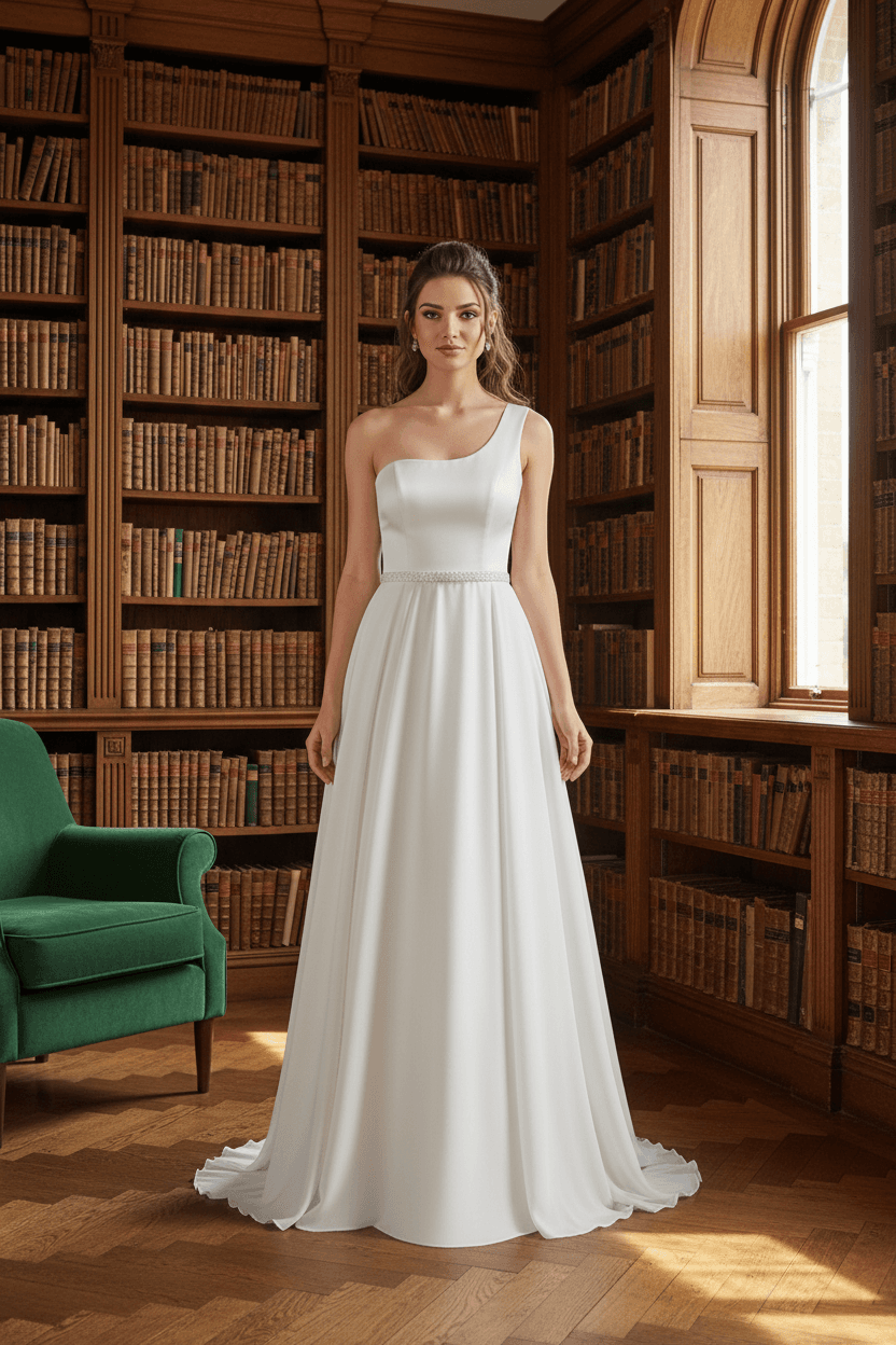 Vue de face d'une robe de mariée trapèze fluide à une épaule