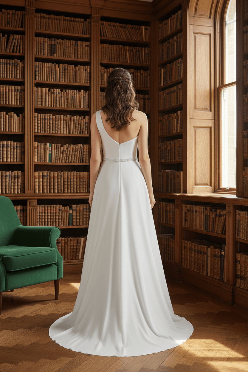 Vue de dos d'une robe de mariée trapèze fluide avec traîne légère