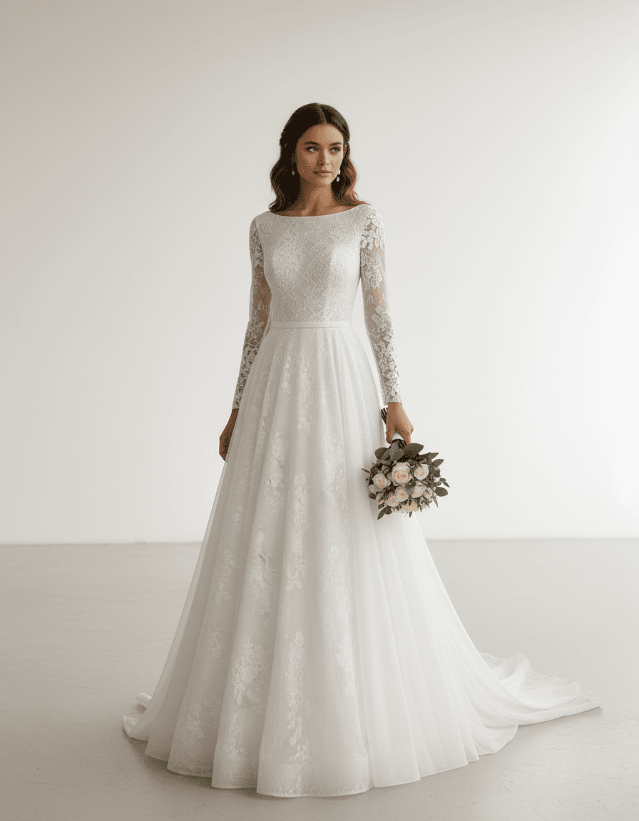 Vue de face d'une robe de mariée trapèze en dentelle avec manches longues