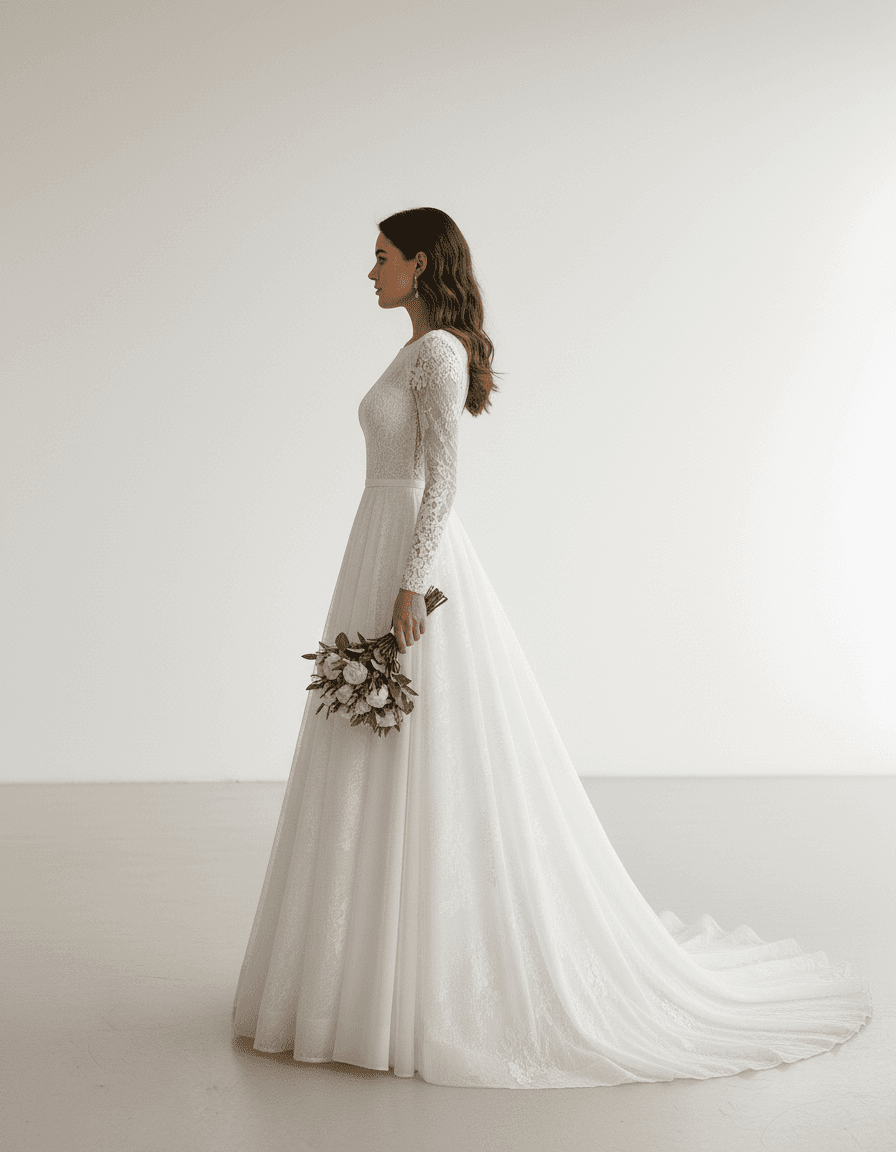 Vue de profil d'une robe trapèze élégante à manches longues et traîne fluide