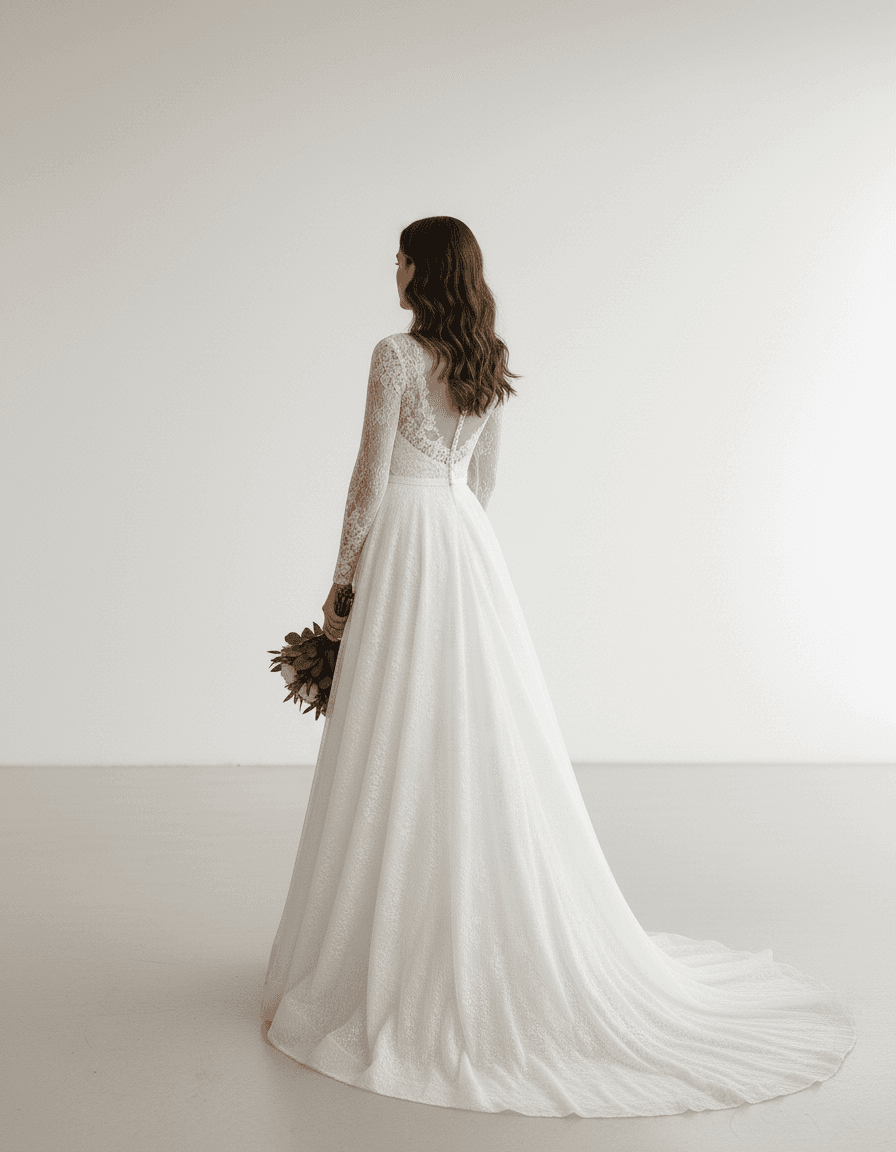 Vue de dos d'une robe de mariée trapèze avec manches longues et décolleté en V au dos