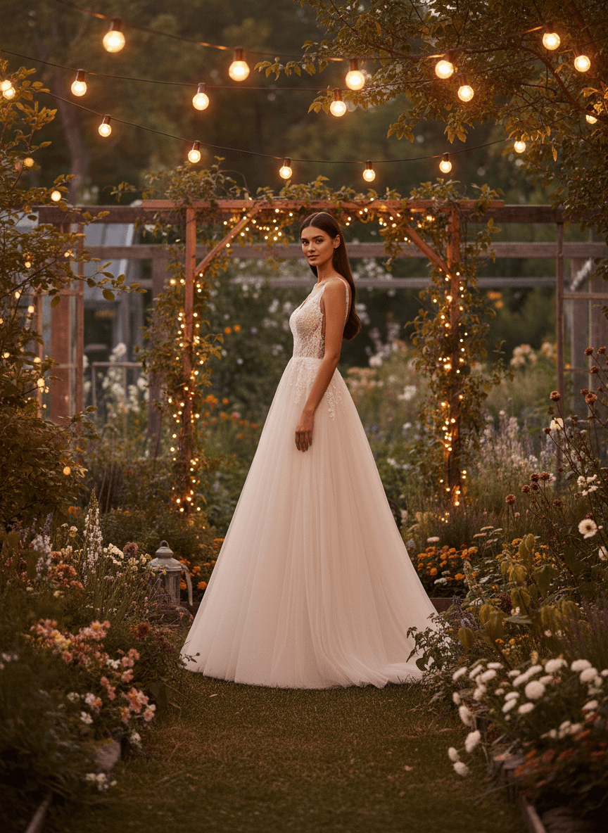 Vue de profil d'une robe fluide en tulle avec jupe légère et décolleté raffiné