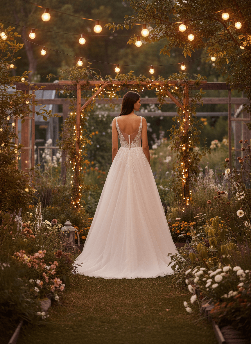 Vue de dos d'une robe de mariée en tulle fluide avec dos échancré et traîne élégante