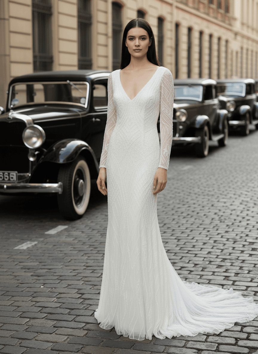 Vue de face d'une robe de mariée vintage année 20 élégante