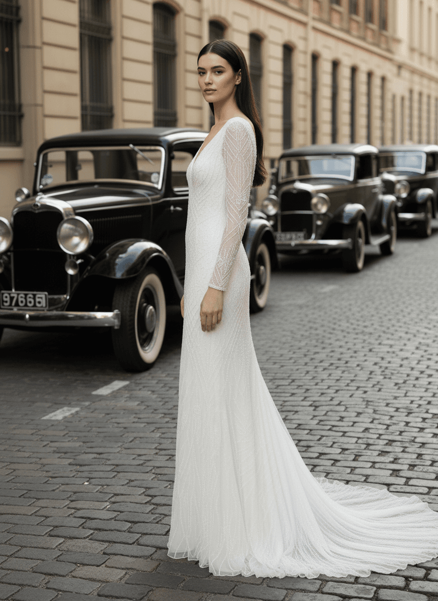 Vue de profil d'une robe vintage année 20 avec traîne fluide