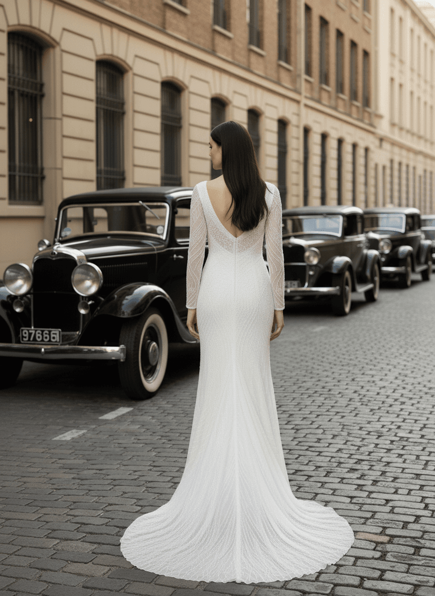 Vue arrière d'une robe vintage année 20 chic et ajustée