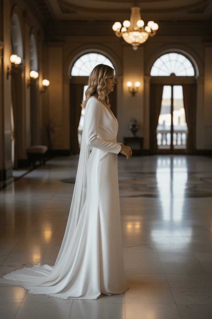 Vue de profil d'une robe de mariée fluide années 30 avec manches longues