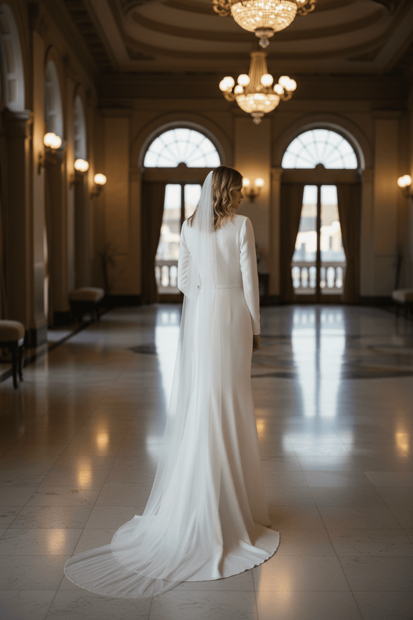 Vue de dos d'une robe de mariée vintage années 30 avec traîne légère