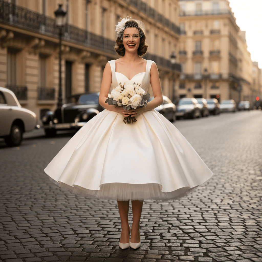 Vue de face d'une robe de mariée vintage des années 50 avec jupe évasée