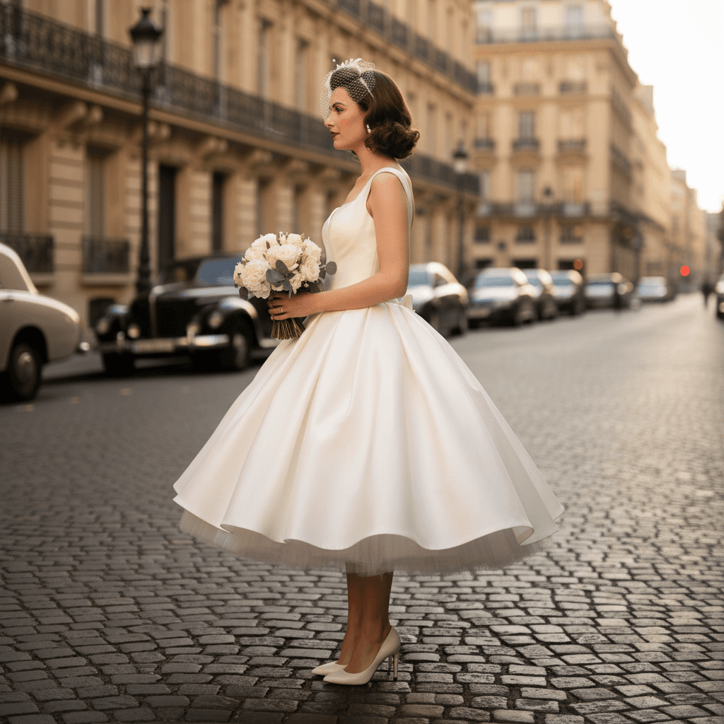 Vue de profil d'une robe de mariée courte rétro en satin