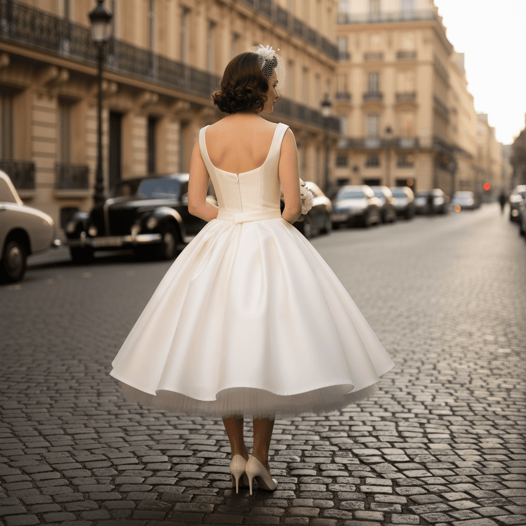 Vue de dos d'une robe de mariée vintage avec jupe volumineuse