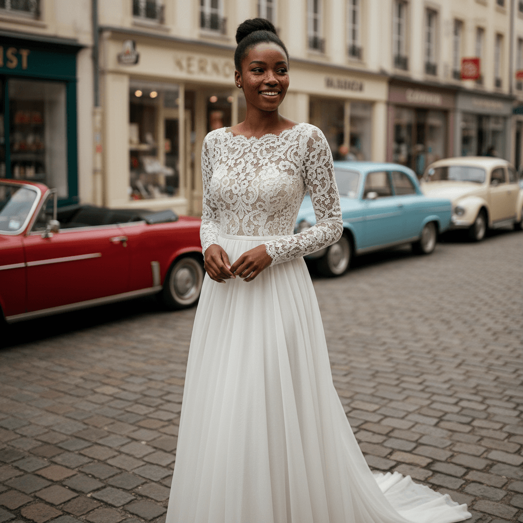 Vue de face d'une robe de mariée vintage années 60 en dentelle