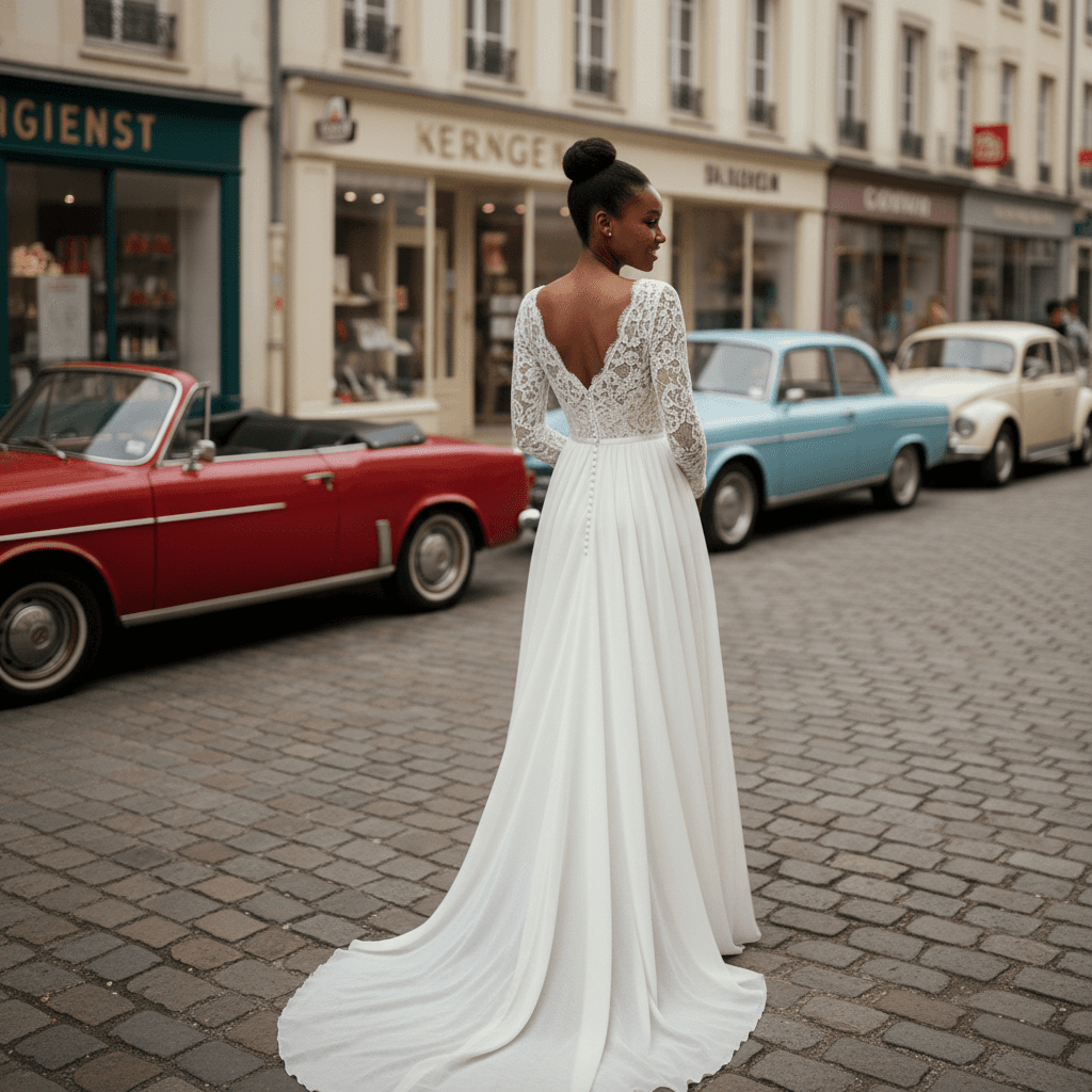 Vue de dos d'une robe de mariée vintage années 60 élégante