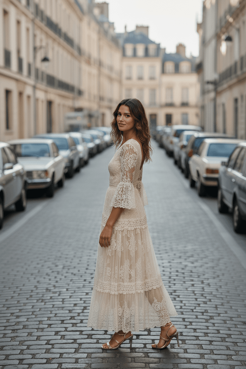 Vue de profil d'une robe vintage année 70 avec manches évasées