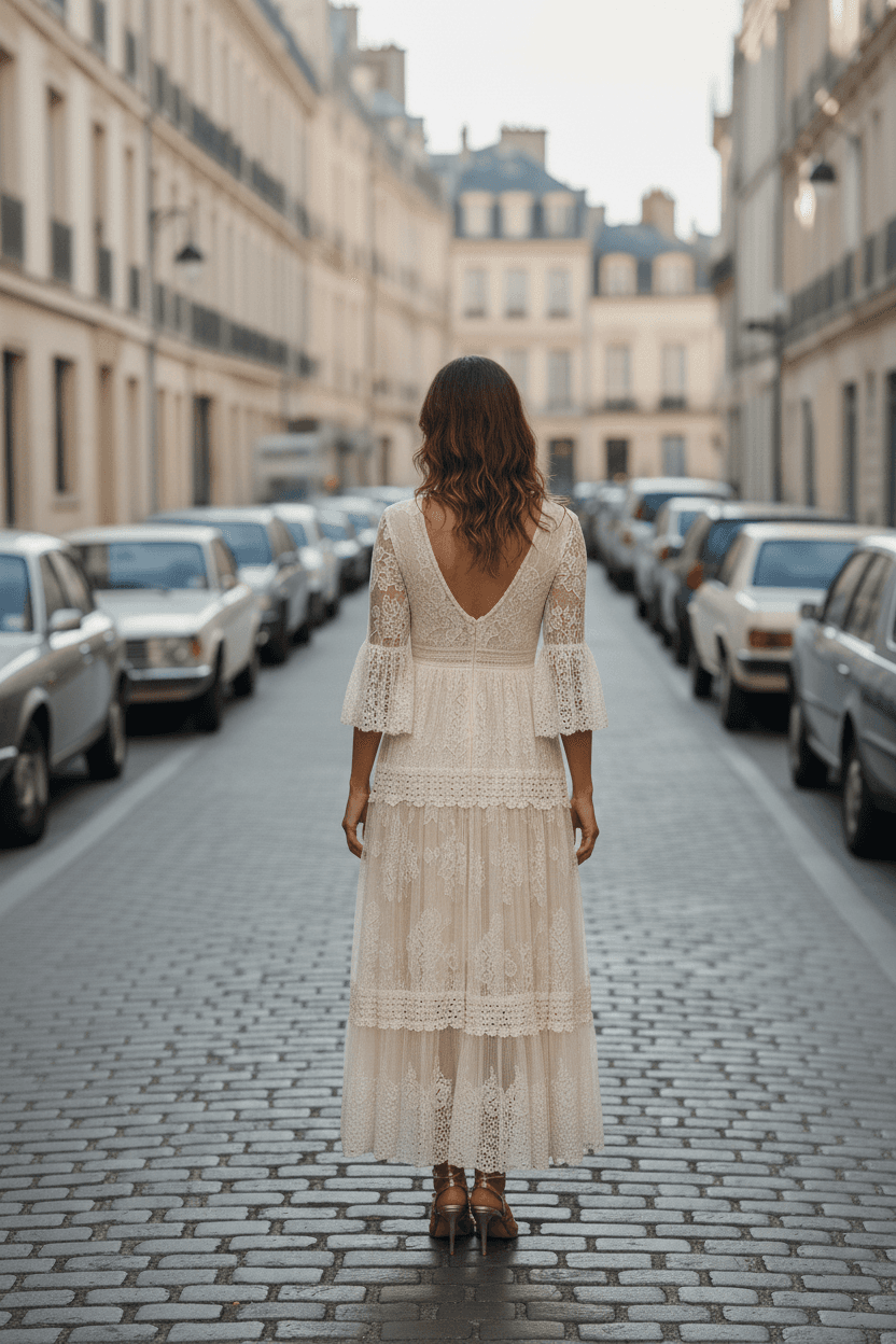 Vue de dos d'une robe vintage année 70 fluide et bohème