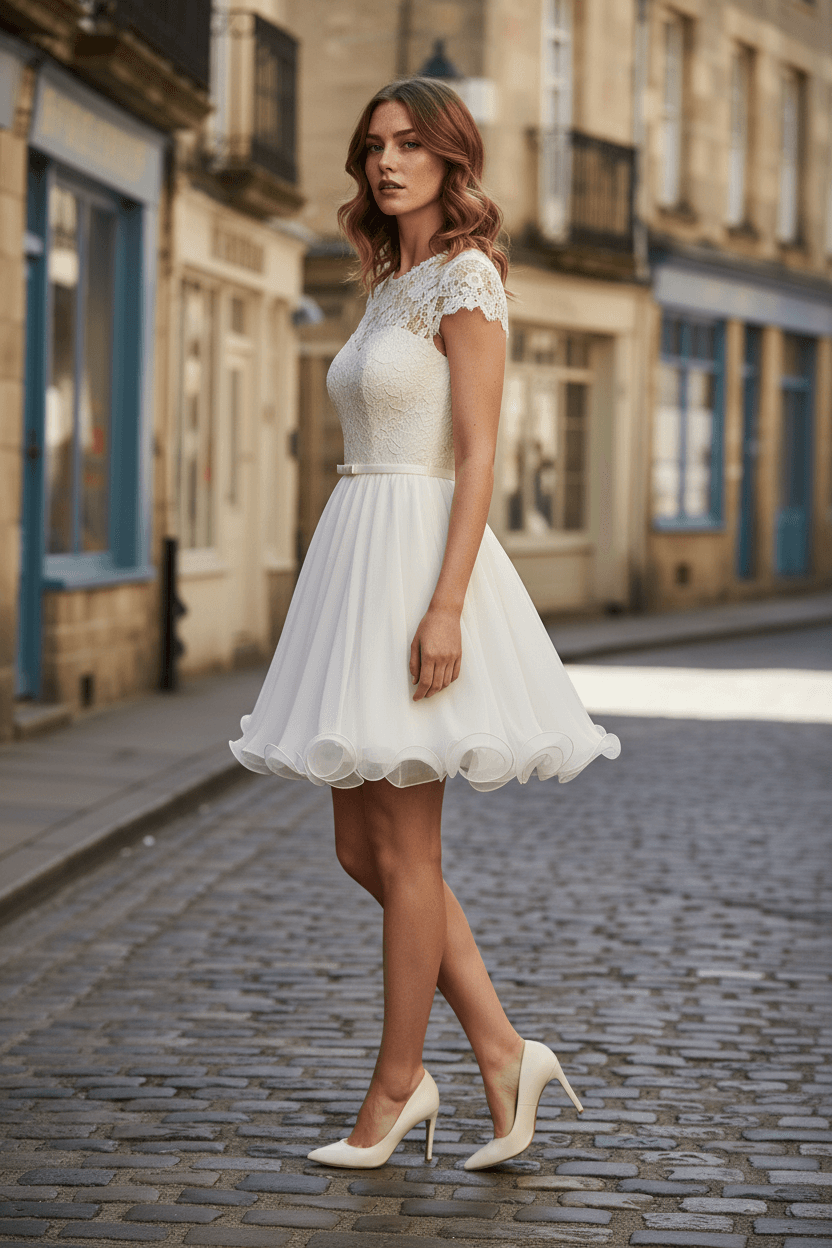 Vue de profil robe de mariée courte rétro style années 50