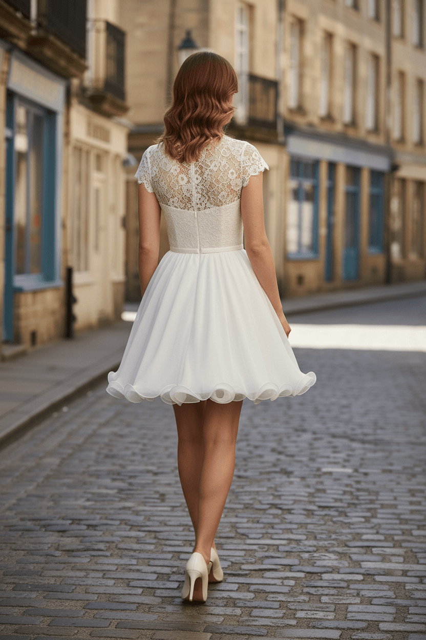 Vue de dos robe de mariée courte vintage évasée