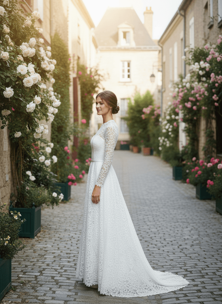 Vue de profil d'une robe de mariée romantique fluide en dentelle