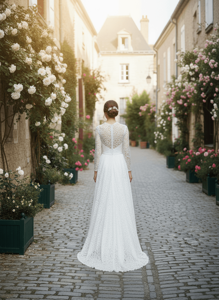 Vue de profil d'une robe de mariée romantique fluide en dentelle