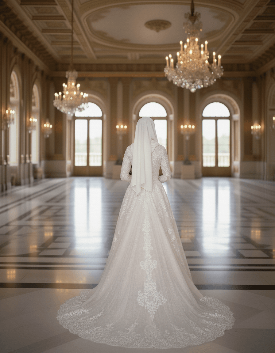 Vue arrière d'une robe de mariée voilée raffinée