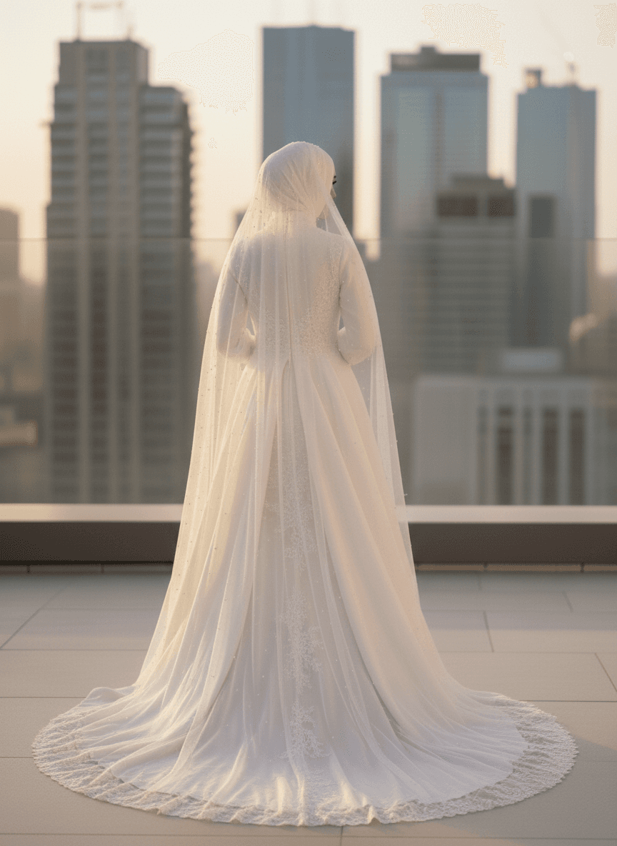 Vue arrière d'une robe de mariée voilée dentelle avec traîne