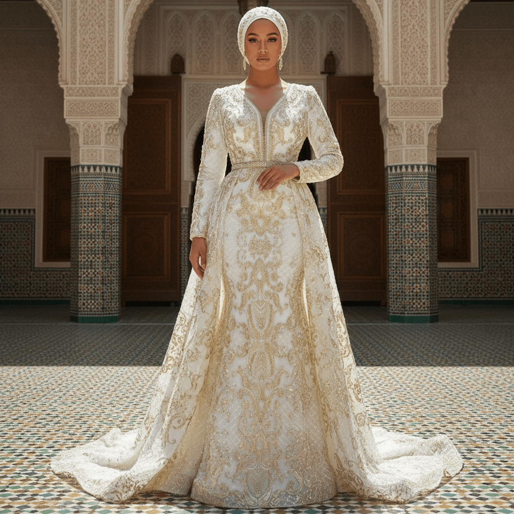 Mariée en robe orientale dorée et élégante