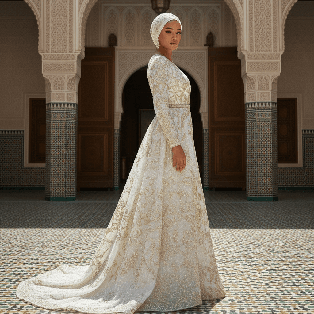 Vue de profil d'une robe de mariée orientale majestueuse