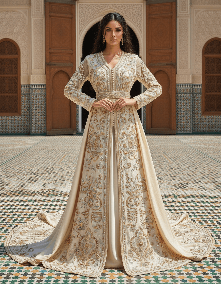 Vue de face d'une robe de mariée orientale dorée avec broderies luxueuses